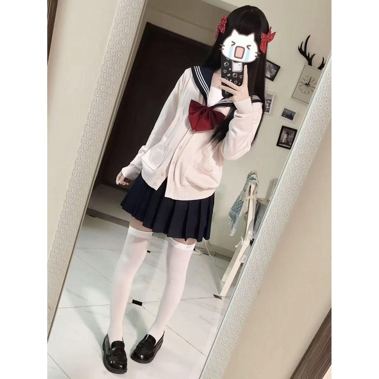 胖MM大码JK制服粉色V领针织毛衣开衫校供穿搭外穿绀Jk裙一整套女