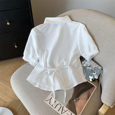 胖MM大码学院风短袖白衬衫女夏季别致收腰显瘦衬衣后绑带jk上衣
