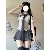 短袖 修身 衬衣百褶裙短裙辣妹纯欲风穿搭 收腰衬衫 胖MM200斤特大码