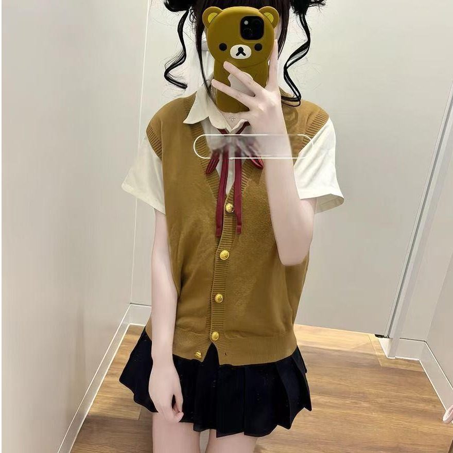 胖MM大码日系JK制服针织衫马甲软妹穿搭开衫背心夏季内搭短袖衬衫