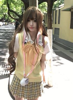 胖MM大码日系jk制服针织衫纯色v领套头背心套装学院甜美无袖马甲