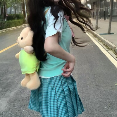 胖MM大码原创松蓝格裙半身裙jk制服日系穿搭纯欲叠穿湖兰背心套装