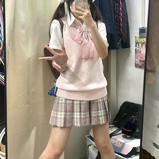 胖MM大码原创JK制服套头针织衫粉色毛衣学院风樱奈JK格裙套装软妹