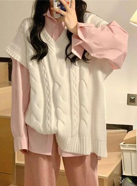 胖MM200斤特大码两件套装学院风粉色衬衫白色针织毛衣马甲背心