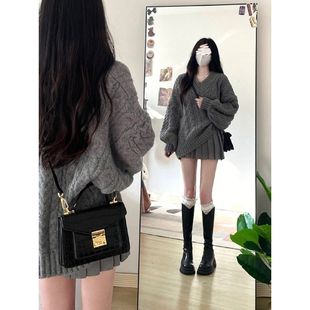 小个子短裙两件套装 慵懒风灰色毛衣秋冬新款 法式 胖MM200斤特大码