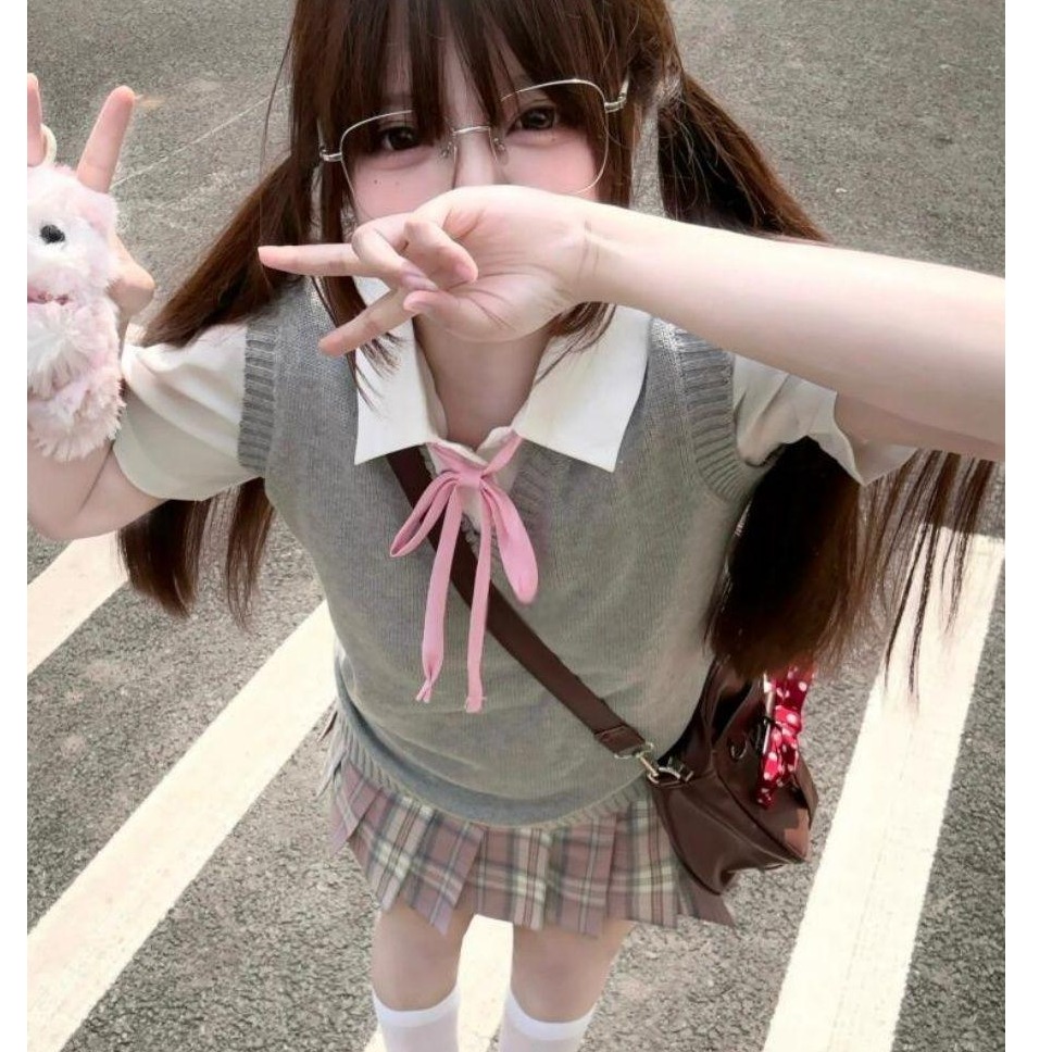 胖MM大码jk制服学院风针织马甲百搭显瘦穿搭校供感格裙短裙套装女
