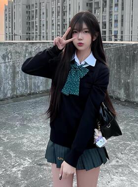 胖MM大码日系JK制服针织衫黑色套头毛衣春秋款叠穿长袖上衣三件套