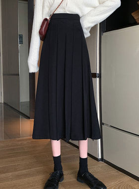 胖MM200斤特大码黑色百褶裙女半身裙中长款A字裙小个子高腰长裙