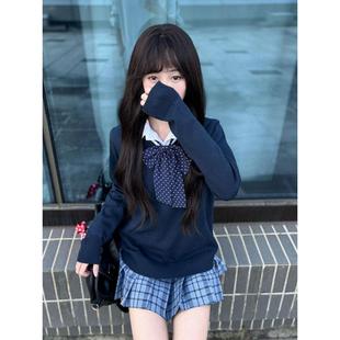 胖MM大码日系秋冬绀色套头针织衫学院风JK制服毛衣外套百褶裙百搭