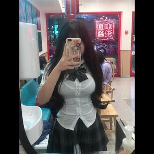 胖MM200斤特大码jk制服辣妹收腰短袖衬衫女学院风衬衣纯欲风套装