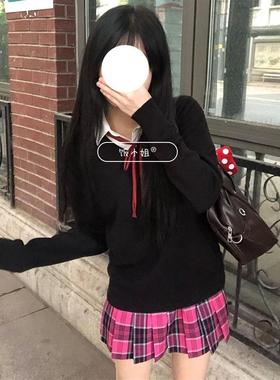 胖MM200斤特大码黑色JK毛衣秋冬制服慵懒长袖上衣针织衫套装格裙