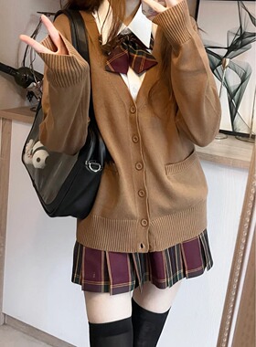胖MM大码秋冬甜妹校园风学生装jk开衫外套针织衫毛衣浅棕色上衣女