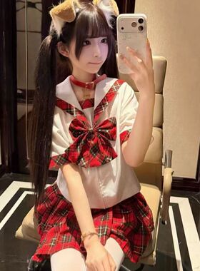 胖MM大码JK制服苏格兰新款红格裙校供感JK短袖衬衫水手服一整套女