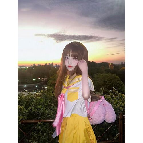 胖MM大码日系黄色夏季新款三本JK制服短袖中间学院水手服软妹套装
