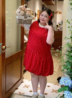 胖MM大码红色波点背心连衣裙女夏季韩系甜美收腰花苞蓬蓬裙短裙