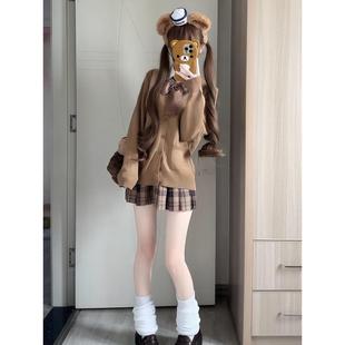 胖MM大码JK软妹秋冬制服棕色系针织毛衣开衫外套校供百褶裙套装女