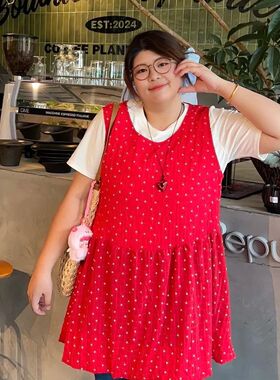 胖MM大码复古甜美波点背心连衣裙女夏季叠穿花苞裙遮肚子显瘦裙子