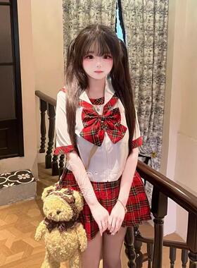 胖MM大码苏格兰新款红格裙学院风校供感JK短袖衬衫水手服一整套女