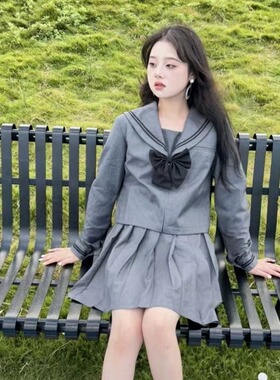 胖MM大码新款灰二本中间服套装日系学院风百搭灰色JK短裙校供感女