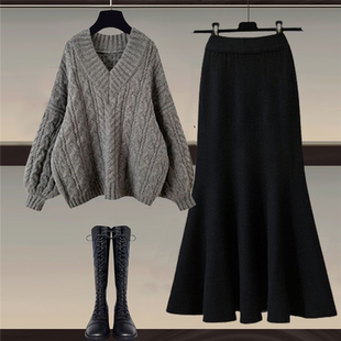 新款 套装 收腰针织毛衣长裙两件套 小香风毛衣冬季 胖MM200斤特大码
