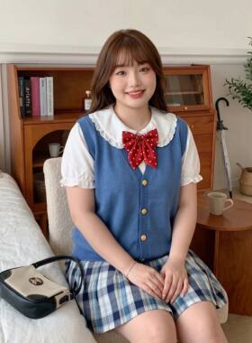 胖MM大码学生针织开衫马甲叠穿花边领衬衫百搭蓝格子裙JK制服套装