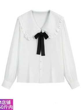 胖MM大码甜美小清新蝴蝶结白色简约上衣设计感小众秋冬长袖衬衫女