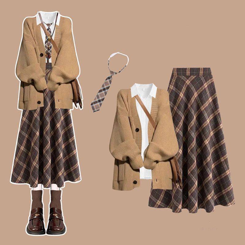 胖MM大码2025秋冬款韩系学生穿搭开衫毛衣外套女+衬衫+领带三件套,女装/女士精品,时尚套装,淘宝优惠券,粉丝福利购,淘宝优惠卷