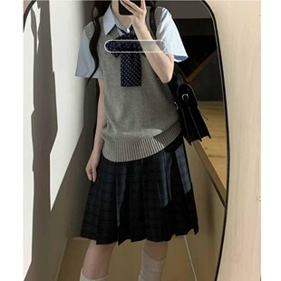 胖MM大码叠穿蓝色衬衫日系海苔中裙JK制服套装针织V领马甲背心女