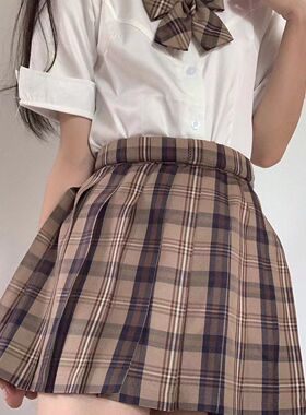 胖MM200斤特大码小棕同格精灵学院jk制服半身裙双鱼座棕色格裙女