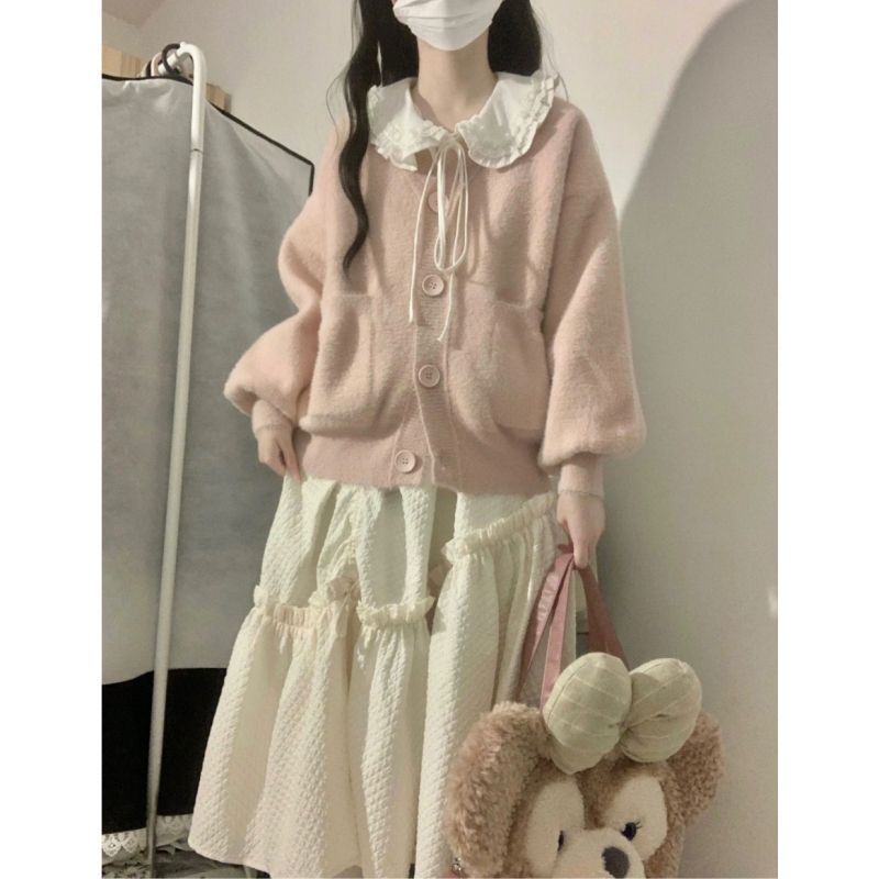 胖MM大码美拉德穿搭软糯毛衣开衫娃娃领连衣裙甜美秋冬两件套装女