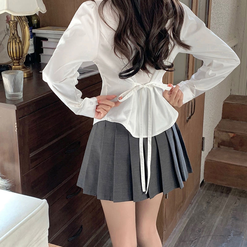 胖MM200斤特大码系带收腰白色衬衫制服套装设计感小众长袖上衣