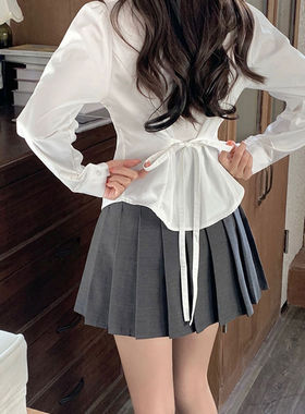 胖MM200斤特大码系带收腰白色衬衫制服套装设计感小众长袖上衣