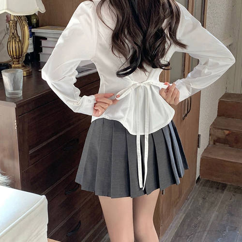 胖MM200斤特大码系带收腰白色衬衫制服套装设计感小众长袖上衣