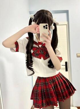 胖MM大码苏格兰红格裙套装基础款水手服美少女基础款短袖蝴蝶结女