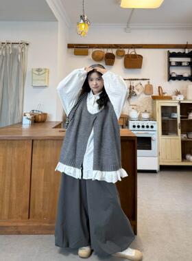 胖MM大码女装复古日系荷叶边拼接开衫叠穿宽松衬衫学生甜美两件套