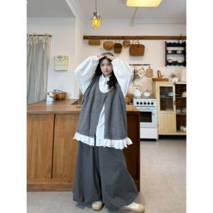 胖MM大码女装复古日系荷叶边拼接开衫叠穿宽松衬衫学生甜美两件套