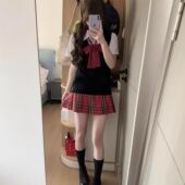 胖MM大码 背心学院风白色上衣格裙 日系jk制服针织衫 JK马甲纯色套装