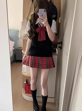 胖MM大码日系jk制服针织衫JK马甲纯色套装背心学院风白色上衣格裙