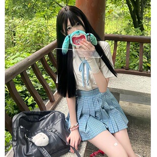 胖MM大码松蓝JK格裙制服套装女夏季新款短袖衬衫上衣百褶短裙衬衣