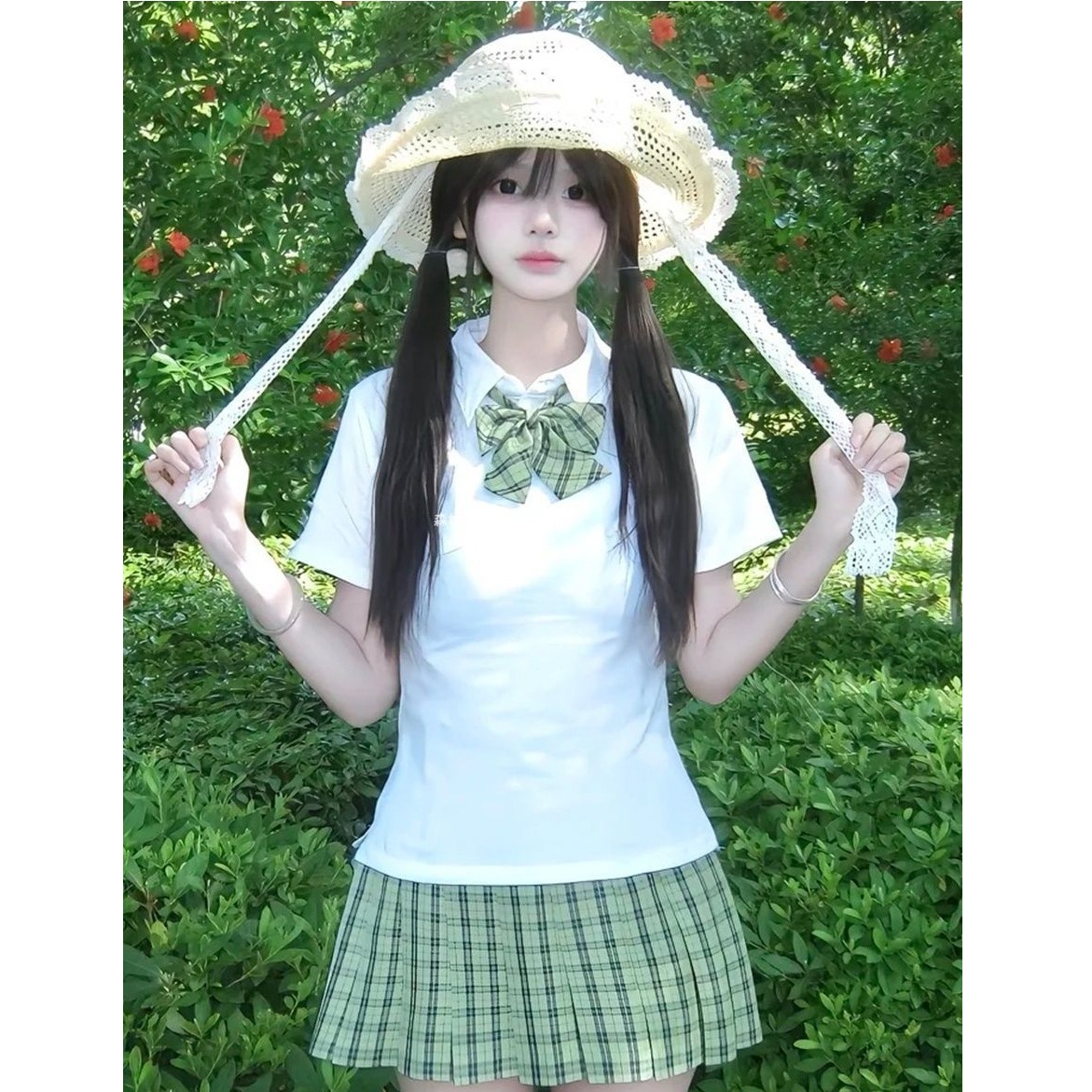 胖MM大码夏季制服JKPolo衫口袋刺绣上衣校供穿搭小青梅格裙套装女