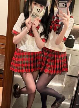 胖MM大码新款苏格兰红格裙学生校供感短袖衬衫水手服一整套JK制服