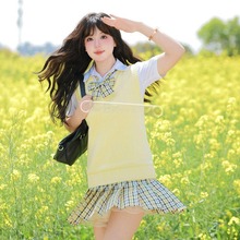 胖MM大码小杏中JK制服套装背心女夏季纯色马甲黄色格裙套头上衣女
