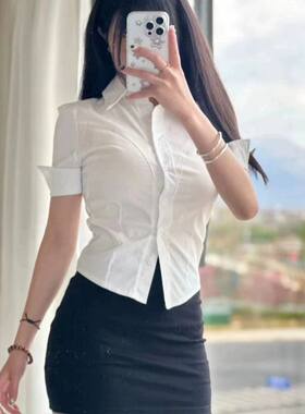 胖MM大码纯欲收腰性感短袖白衬衫女春夏成熟御姐OL制服工作服套装