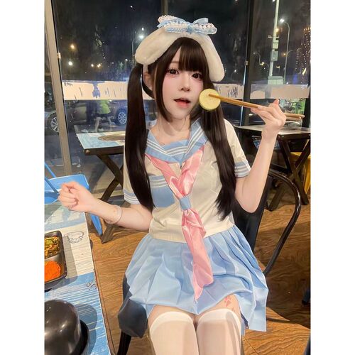 胖MM大码夏季JK套装款制服水手服萌款软妹蓝色彩虹战队减龄两件套