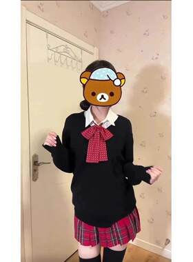 胖MM大码jk制服套装小辣椒红色格裙衬衫长袖毛衣校供感针织外套女