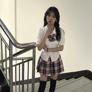 胖MM大码夏季收腰制服套装jk绑带修身短袖衬衫粉雾海百褶裙套装女