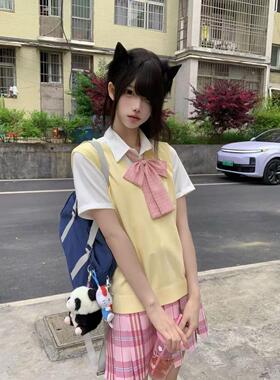 胖MM大码JK日系制服套装校供黄色背心针织衫马甲学院糖果短裙衬衫