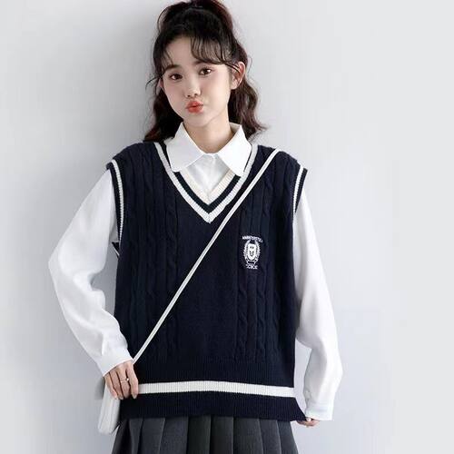 胖MM200斤特大码秋冬学院风马甲刺绣v领针织吊带背心女宽松打底衫
