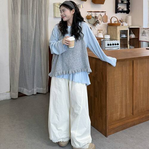 胖MM大码甜美小清新下摆木耳波浪边叠穿吊带针织马甲女生无袖毛衣