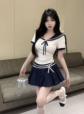 胖MM大码jk制服套装夏季海军领短袖上衣甜辣高腰百褶半身裙两件套